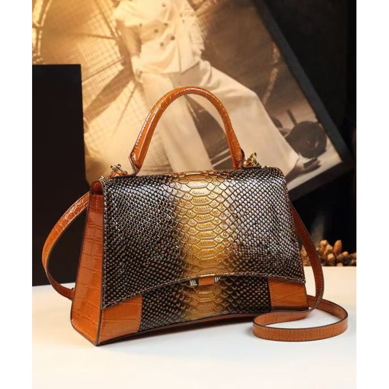 Fine Orange Embossed Calf Leather Tote Handbag