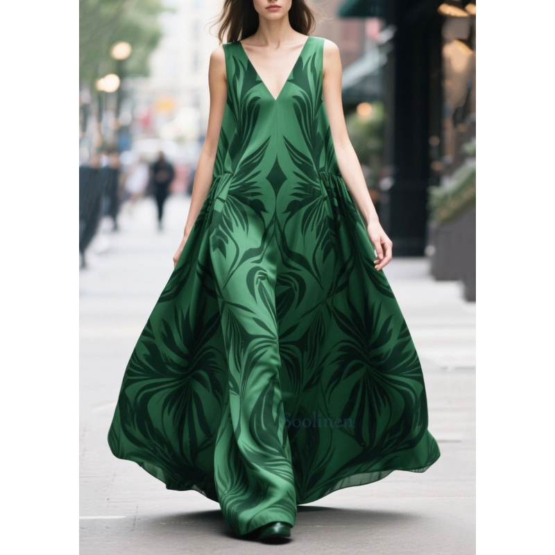 Fine Tea Green Oversized Print Chiffon Long Dresses Summer