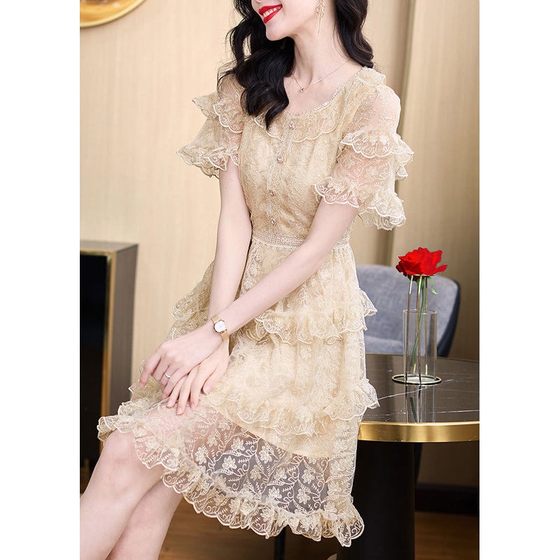 French Apricot Ruffled Embroidered Patchwork Tulle Dress Summer