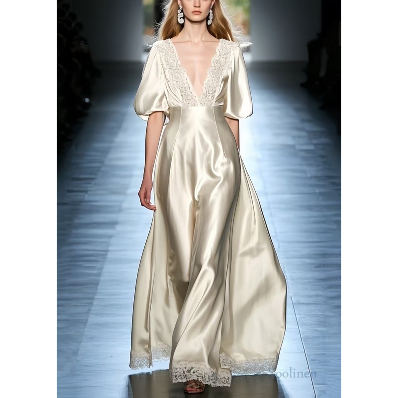 French Beige Puff Sleeve Patchwork Lace Silk Dress Lantern Sleeve