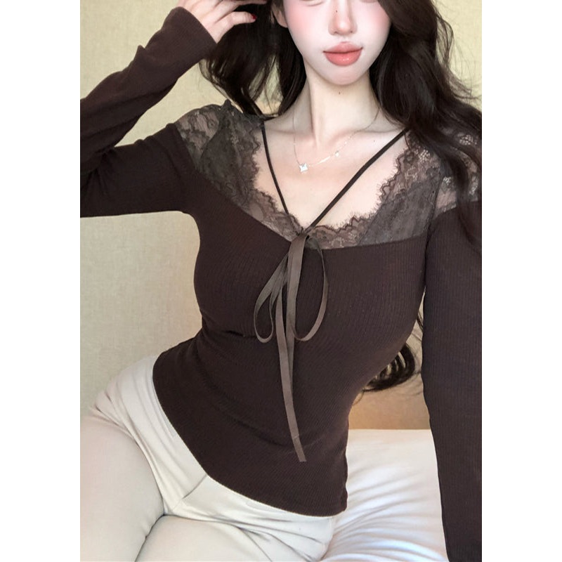 French Brown Hollow Out Patchwork Lace Top Spring
