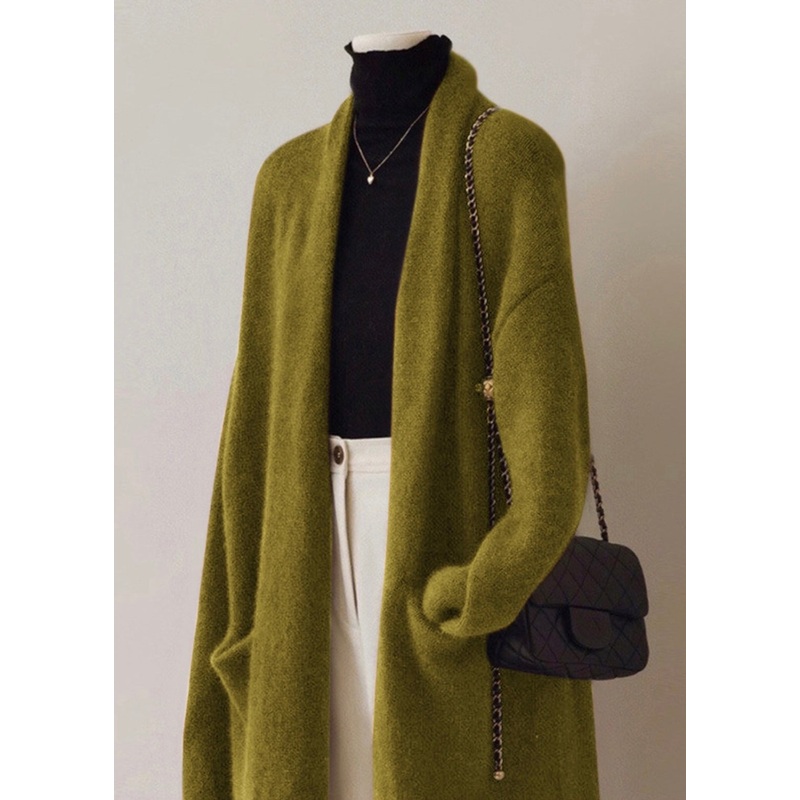 French Green V Neck Pockets Woolen Cardigan Spring