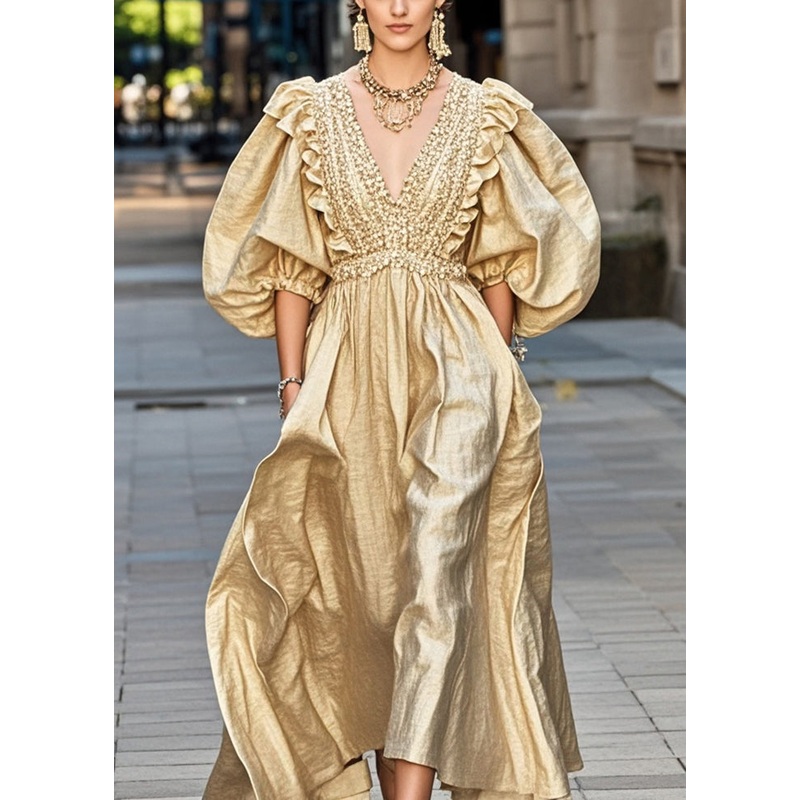 French Khaki Puff Sleeve Ruffled Cotton Party Dresses