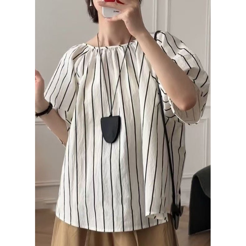 French Puff Sleeve Striped O-Neck Cotton Shirt Top