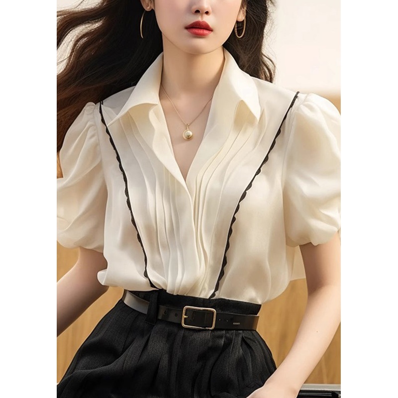 French White Peter Pan Collar Wrinkled Patchwork Silk Tops Summer