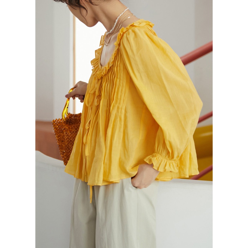 French Yellow Ruffled Patchwork Linen Shirt Top Summer