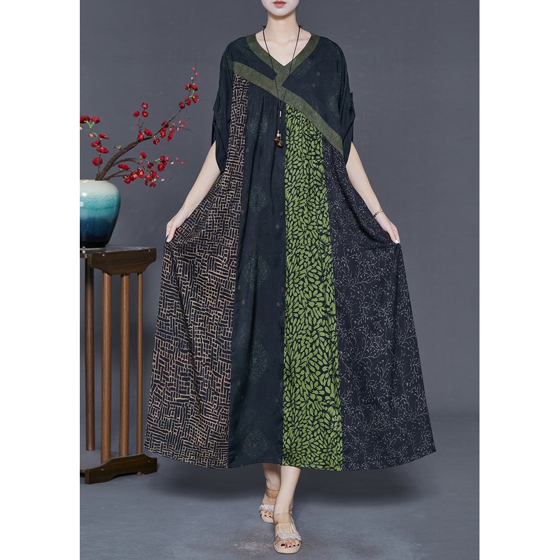 Green Patchwork Silk Holiday Dress Oversized Spring