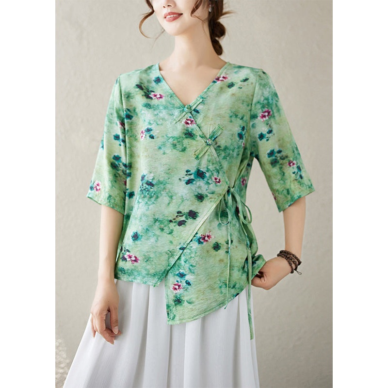 Green Print Lace Up Cotton Blouse Top V Neck Summer