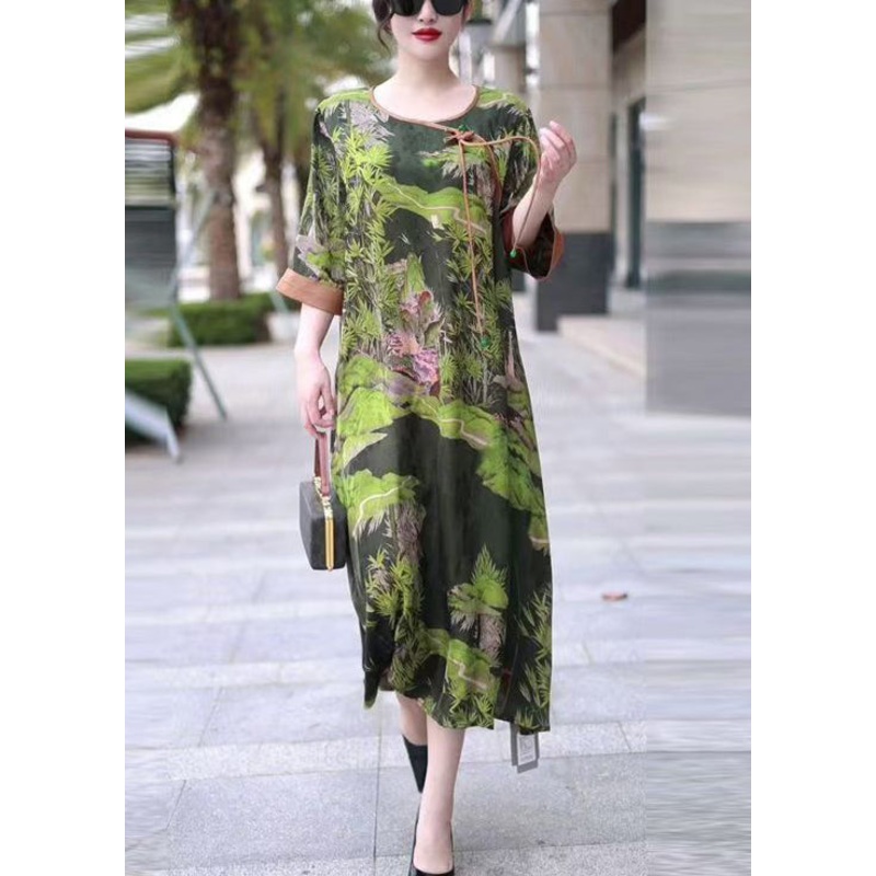 Green Print Tasseled Loose Silk Dress O Neck Half Sleeve