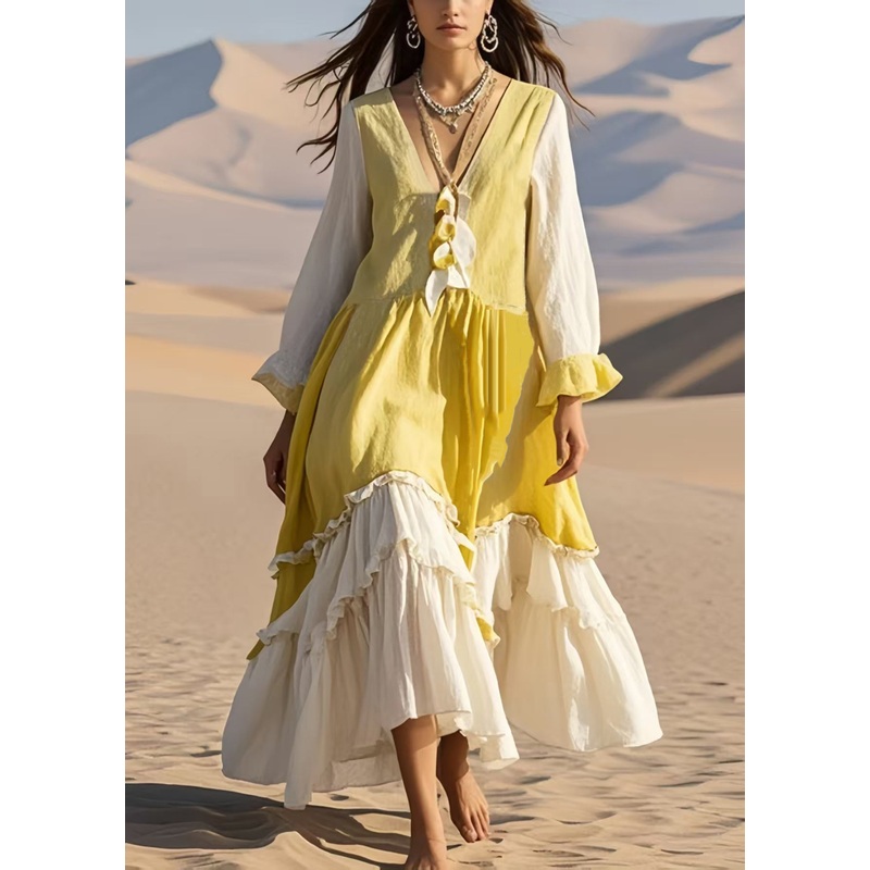 Handmade Yellow Ruffled Patchwork Cotton Long Dress Spring
