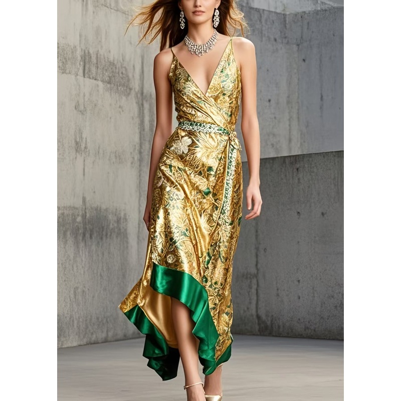 Italian Golden Jacquard Asymmetrical Design Sundress Summer