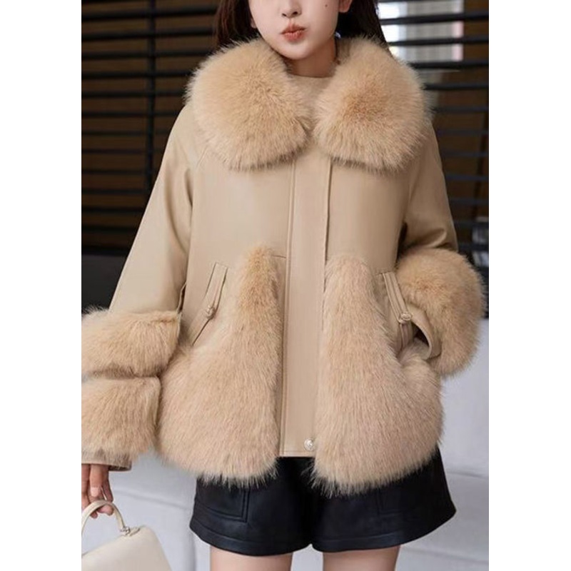 Light Khaki Zippered Patchwork Parka Fur Collar Winter