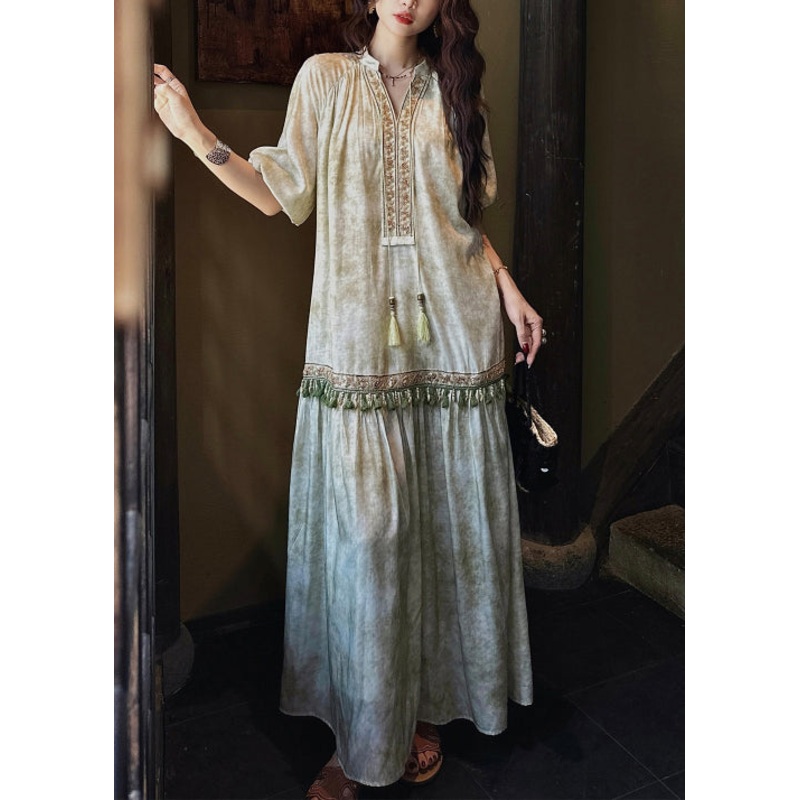 Loose Green Tasseled Silk Long Dresses Butterfly Sleeve