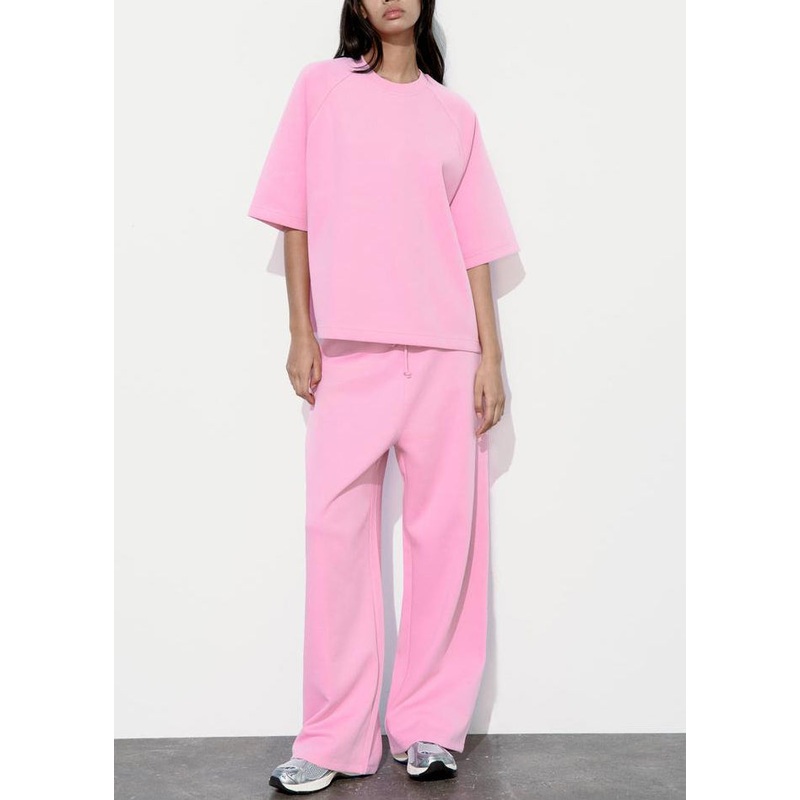 Loose Pink O Neck T Shirt And Pants Cotton Two-Piece Set Summer