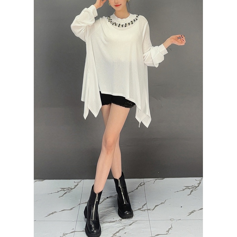 Loose White Asymmetrical Nail Bead Cotton T Shirt Summer