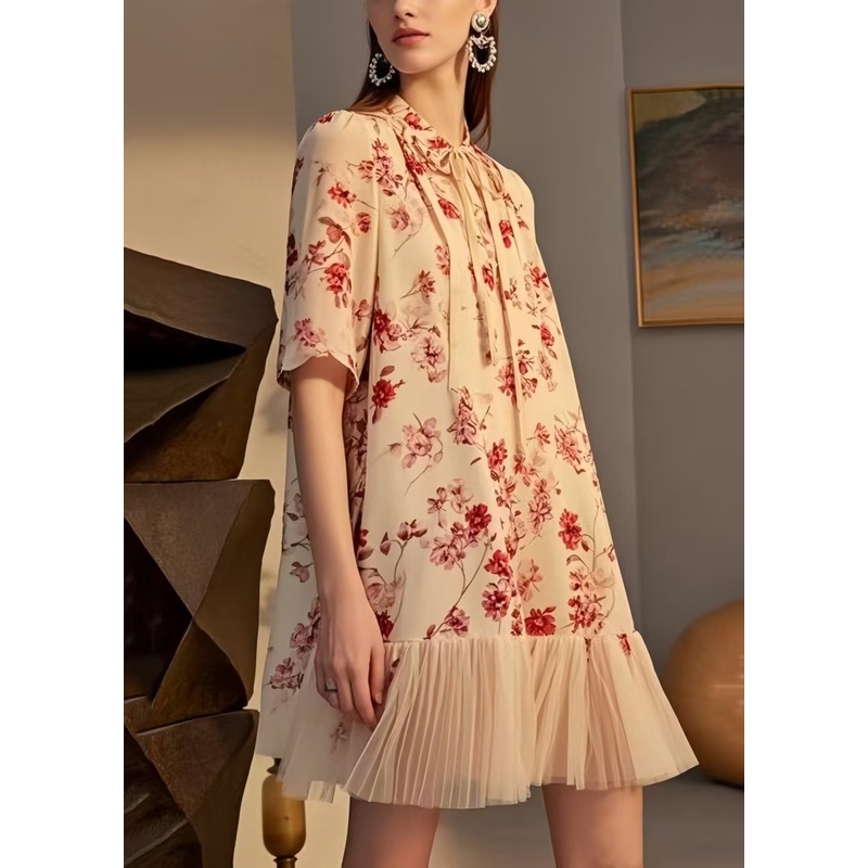 Modern Apricot Print Patchwork Chiffon Tea Dresses Summer