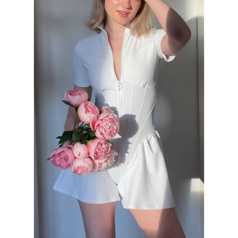 Modern White Stand Collar Zippered Bodysuit Tops