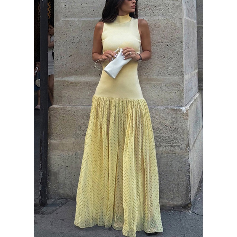 Modern Yellow Stand Collar Patchwork Tulle Dress Sleeveless