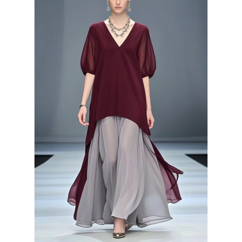 Mulberry Patchwork Chiffon Vacation Dresses Fake Two Piece Summer