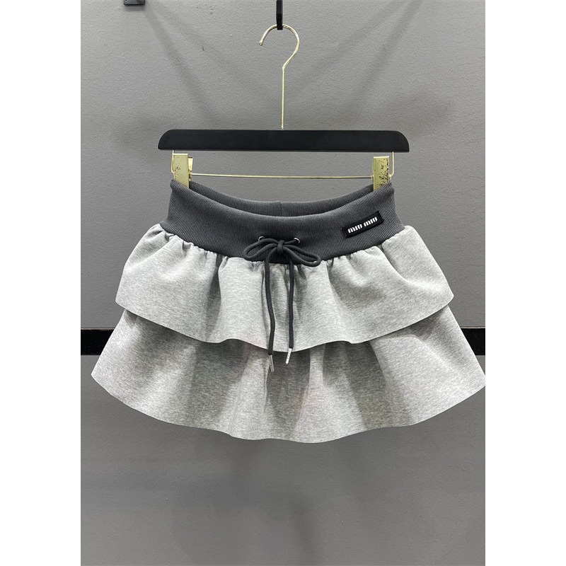 Natural Grey Elastic Waist Drawstring A Line Skirts