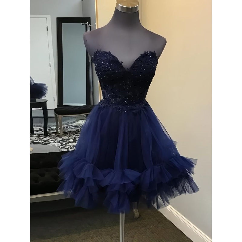 Navy Blue – A-Line Sweetheart Ruffle Tulle Homecoming Dress J7739