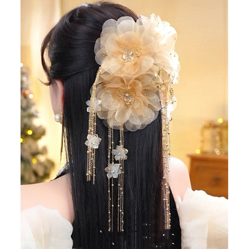 New Champagne Tulle Zircon Butterfly Floral Tassel Hairpin