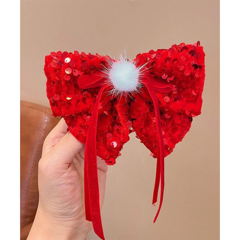 New Red Alloy Fabric Bow Sequins Ribbon Kids Hairpin Two Piece Set