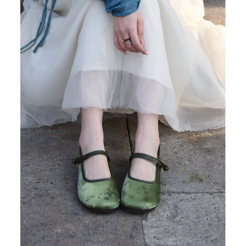 New Retro Green Buckle Strap Splicing Soft Flat Shoes