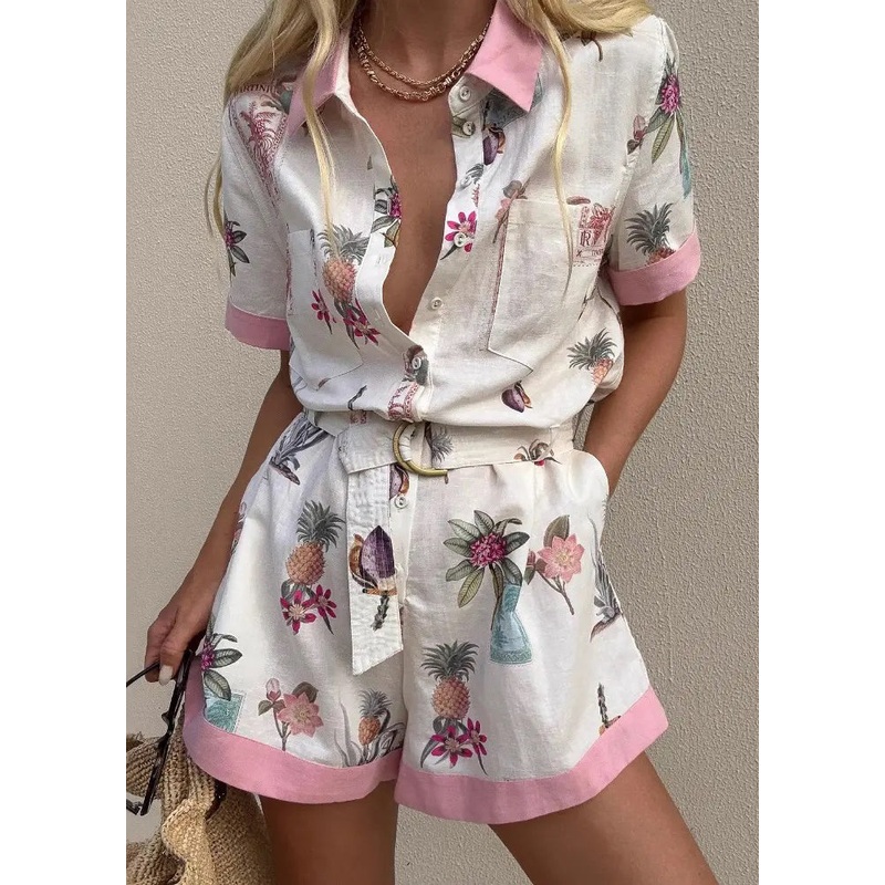 New White Button Print Pockets Linen Shirts Jumpsuits Summer