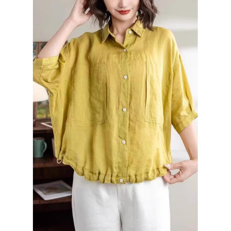 New Yellow Peter Pan Collar Button Drawstring Linen Shirts Half Sleeve