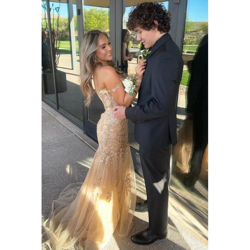 Off Shoulder V Neck Appliques Mermaid Formal Prom Dress J6146