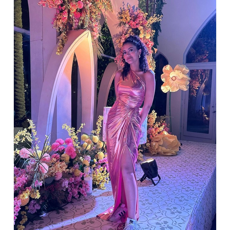 One Shoulder Pink Long Prom Dress Sheath Evening Dress J4856