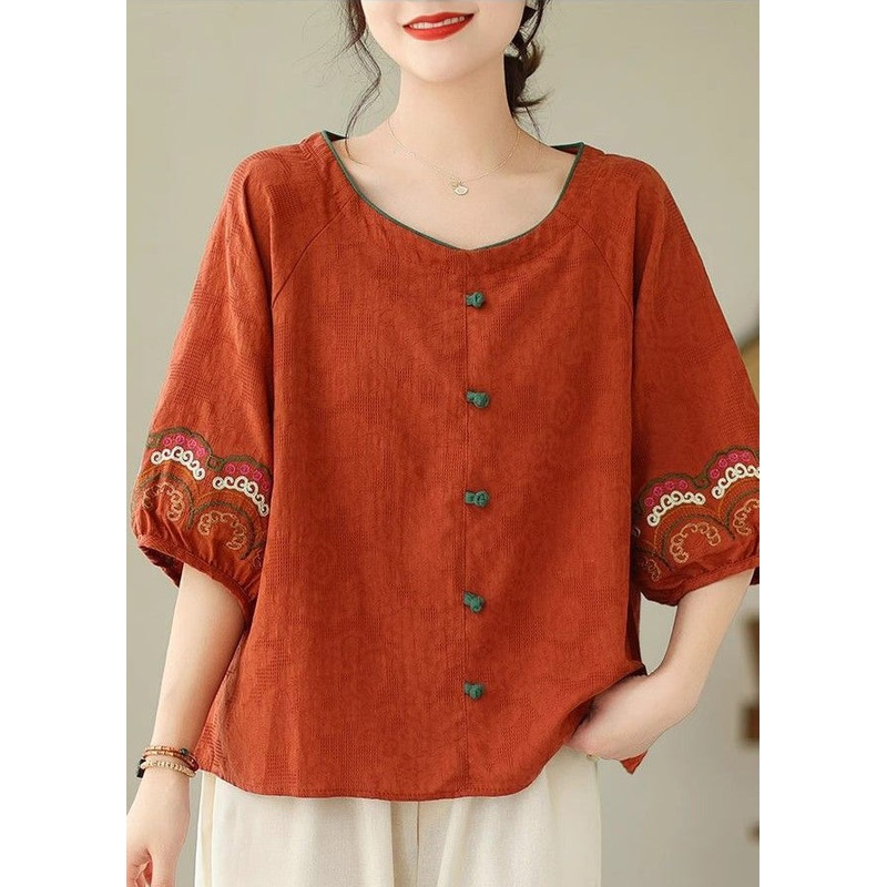 Orange O-Neck Button Loose Top Summer