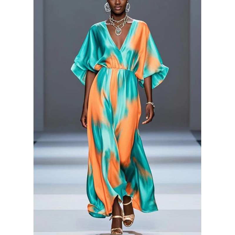 Organic Green V Neck Tie Dye Silk Dress Batwing Sleeve