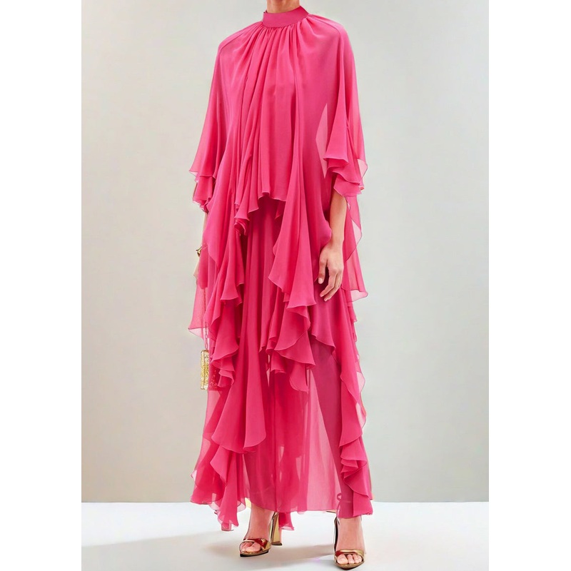 Organic Rose Ruffled Asymmetrical Design Silk Maxi Dresses Spring