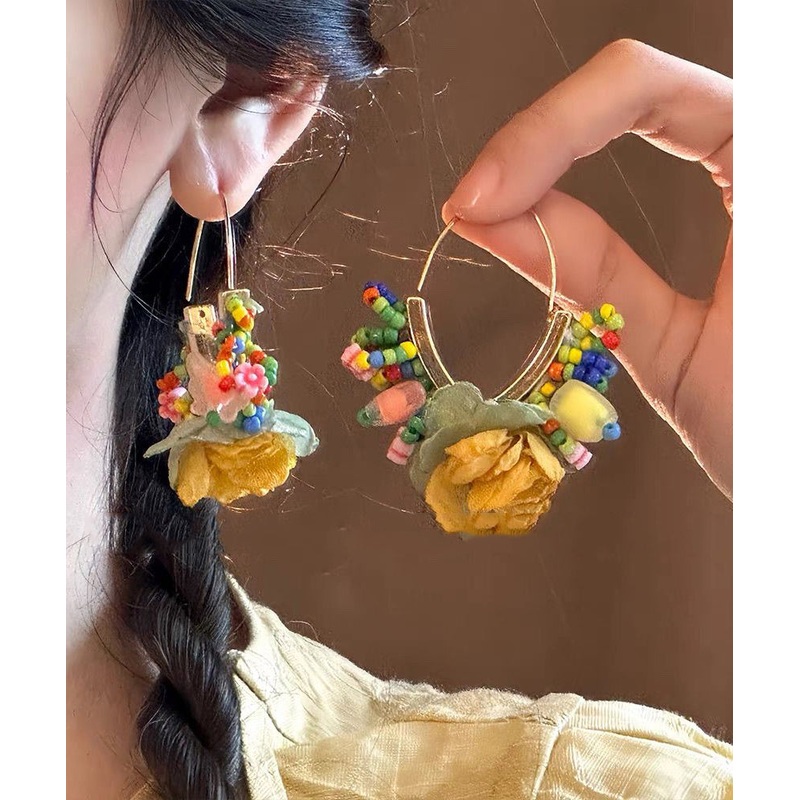 Original Design Gold Copper Tulle Beads Floral Hoop Earrings