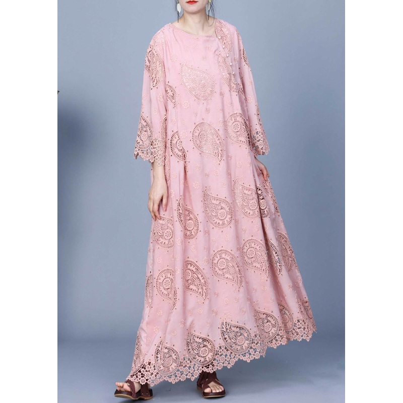 Pink Hollow Out Pockets Cotton Long Dresses Asymmetrical Spring