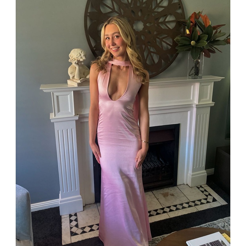 Pink Sexy Long Prom Dress Satin Backless Birthday Outfit Dress J5283