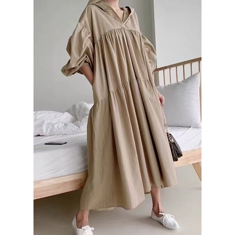 Plus Size Coffee Hooded Exra Large Hem Cotton Holiday Dress Fall