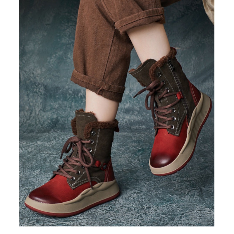 Red Lace Up Splicing Platform Boots Fuzzy Wool Lined