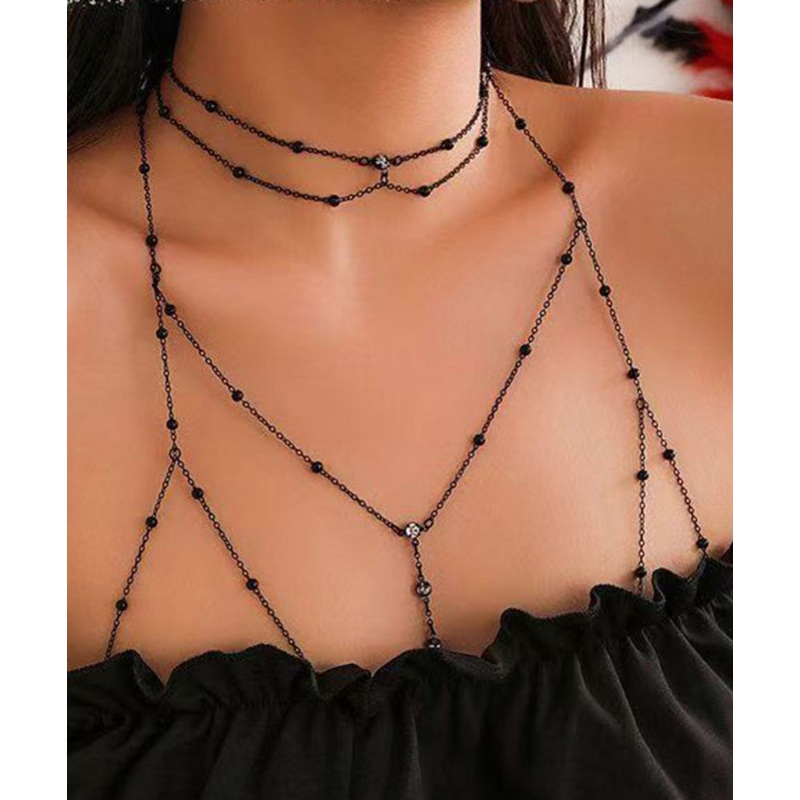 Sexy Black Alloy Zircon Love Tassel Necklace And Body Chain Two-Piece Set