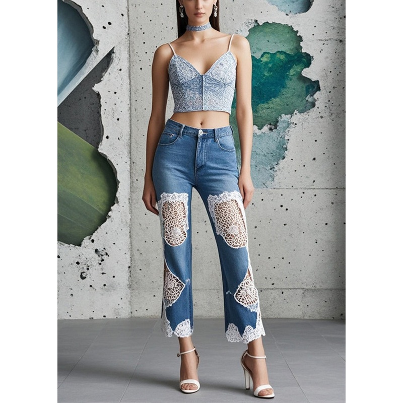 Silm Fit Blue Patchwork Denim Crop Pants Hollow Out Spring