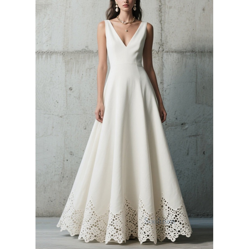 Silm Fit White Patchwork Lace Exra Large Hem Party Dress Summer