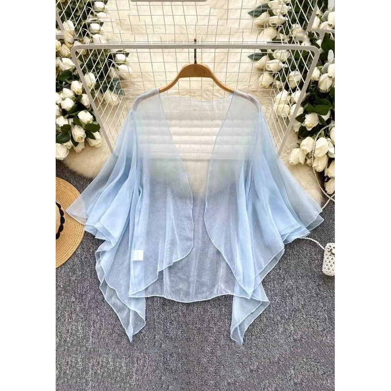 Simple Blue V Neck Solid Tulle Cardigan Summer