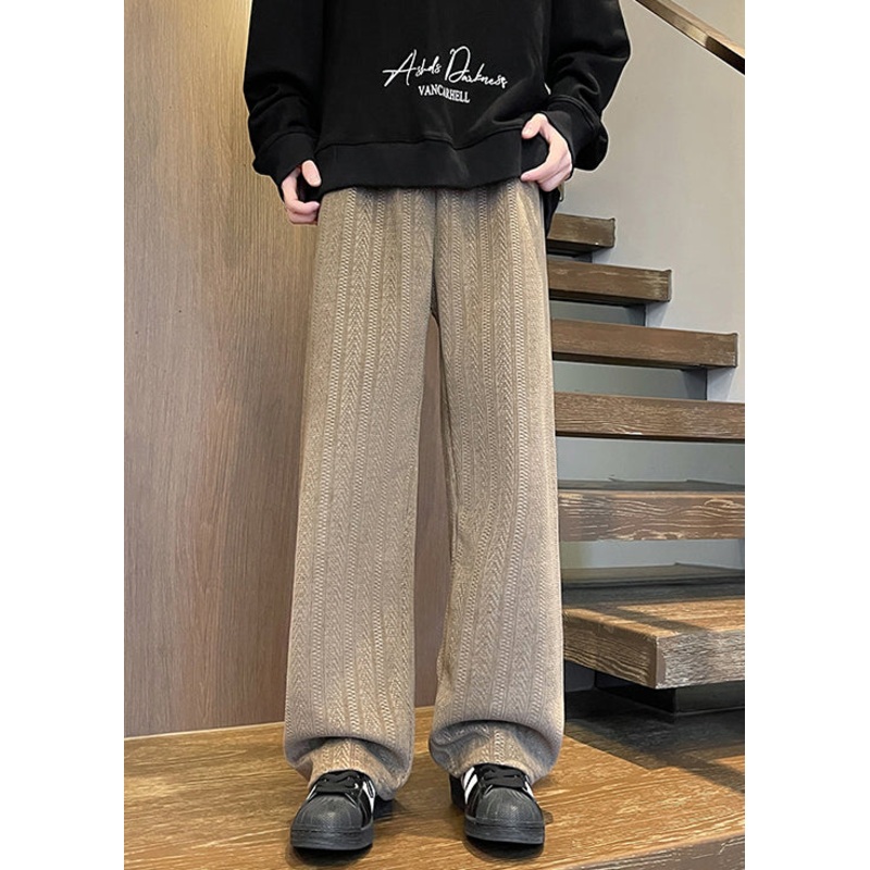 Simple Brown Pockets Solid Elastic Waist Chenille Mens Pants Fall