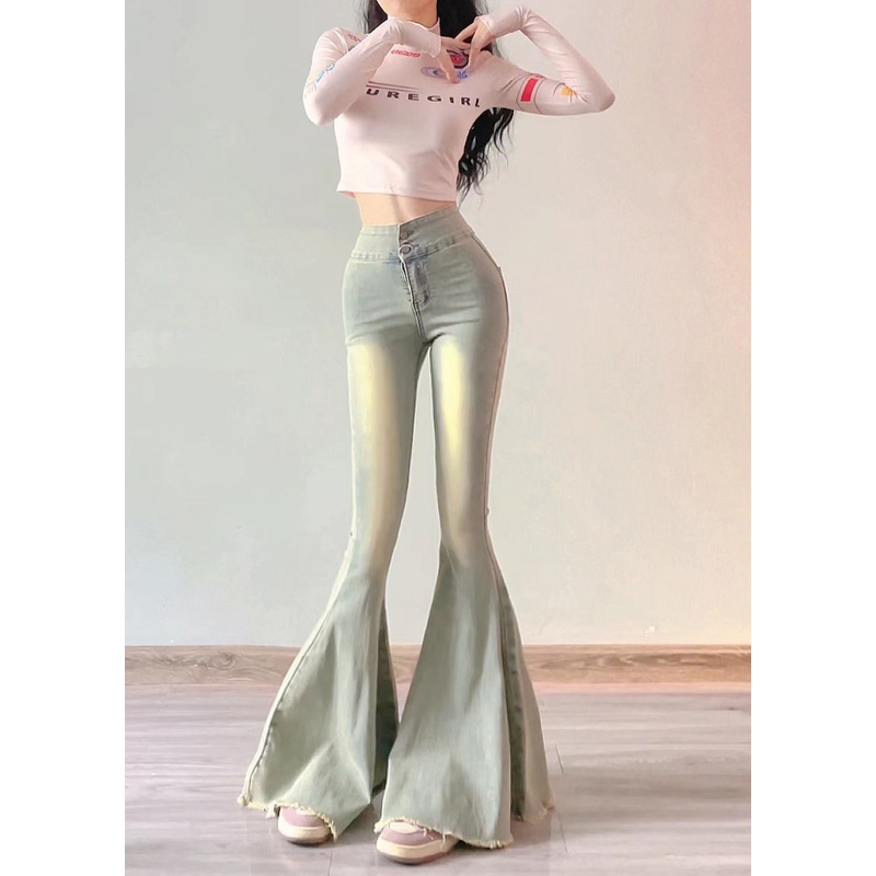 Simple Light Blue High Waist Butt Scrunch Denim Bell-bottom Trousers Spring