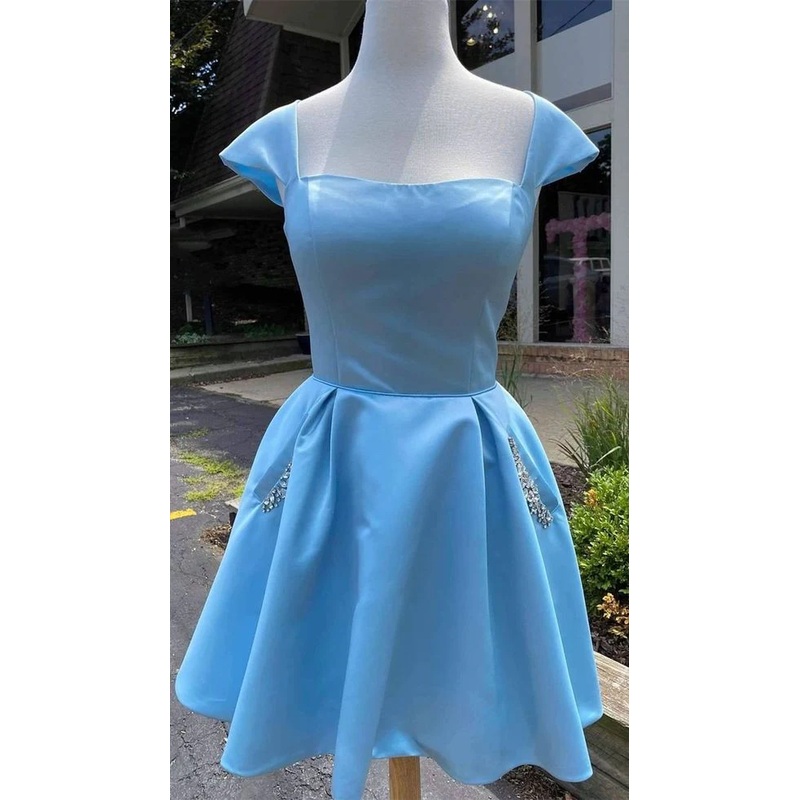 Sky Blue Satin Short Homecoming Dress With Beaded J3873