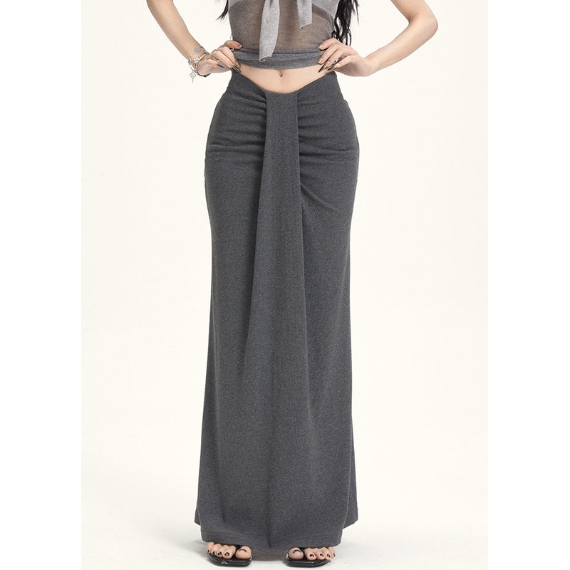 Slim Fit Grey Wrinkled High Waist Cotton Skirt Summer