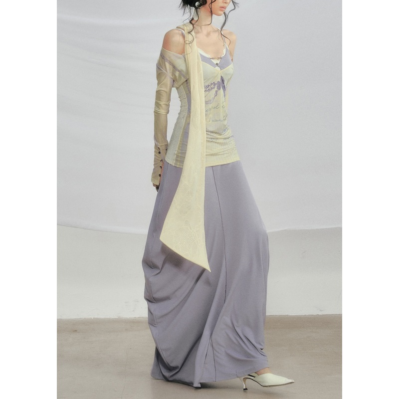 Slim Fit Purple V Neck Print T Shirt And Dress Cotton Two Pieces Set Fall