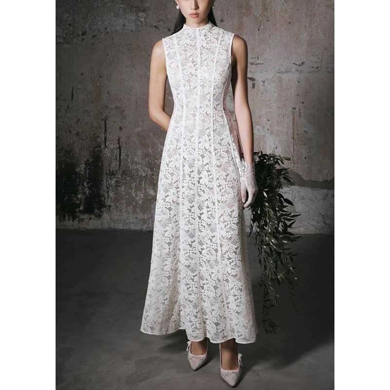 Slim Fit White High Waist Solid Lace Long Dress Sleeveless